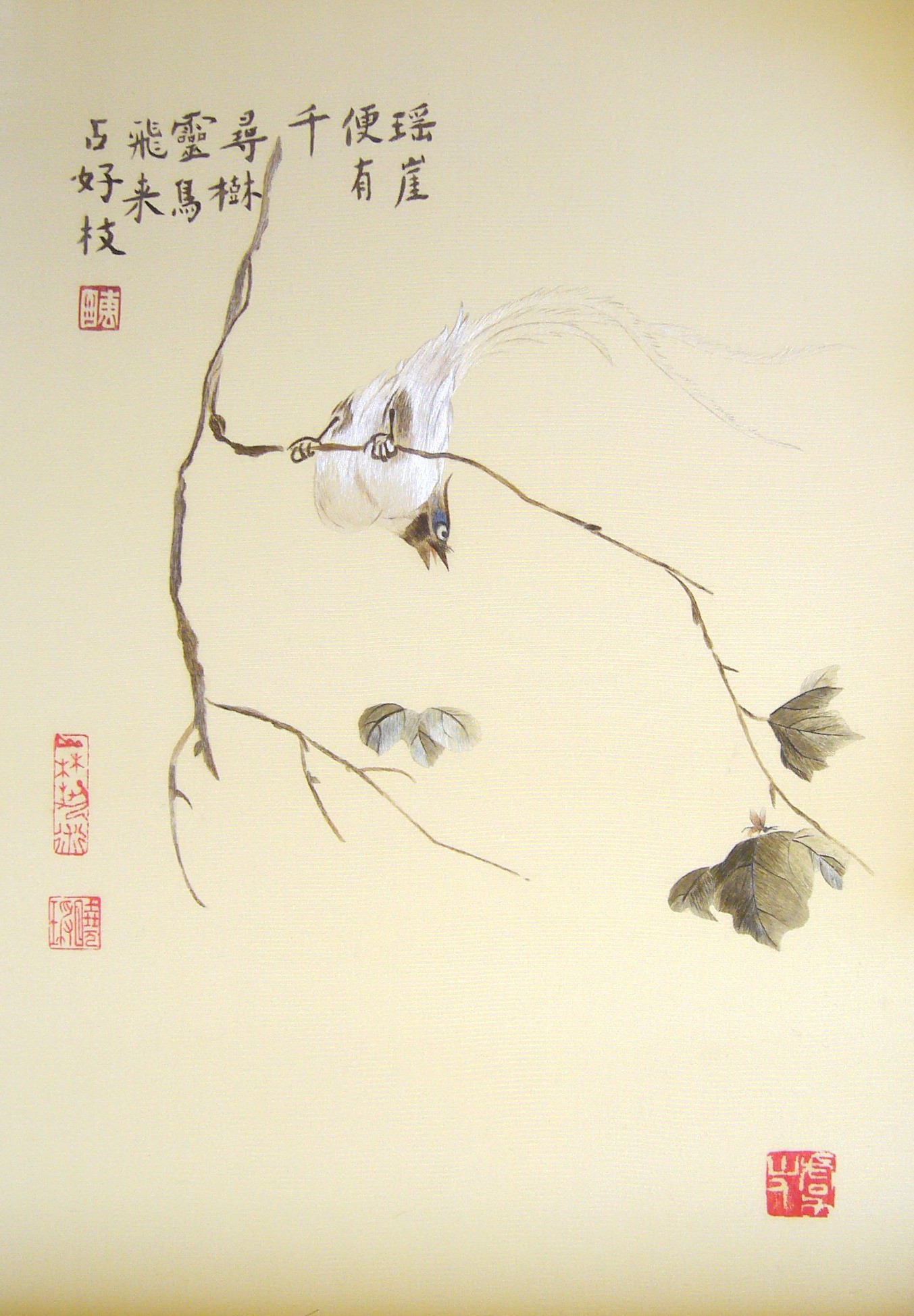 梧桐枝叶与绶带鸟题材完整作品