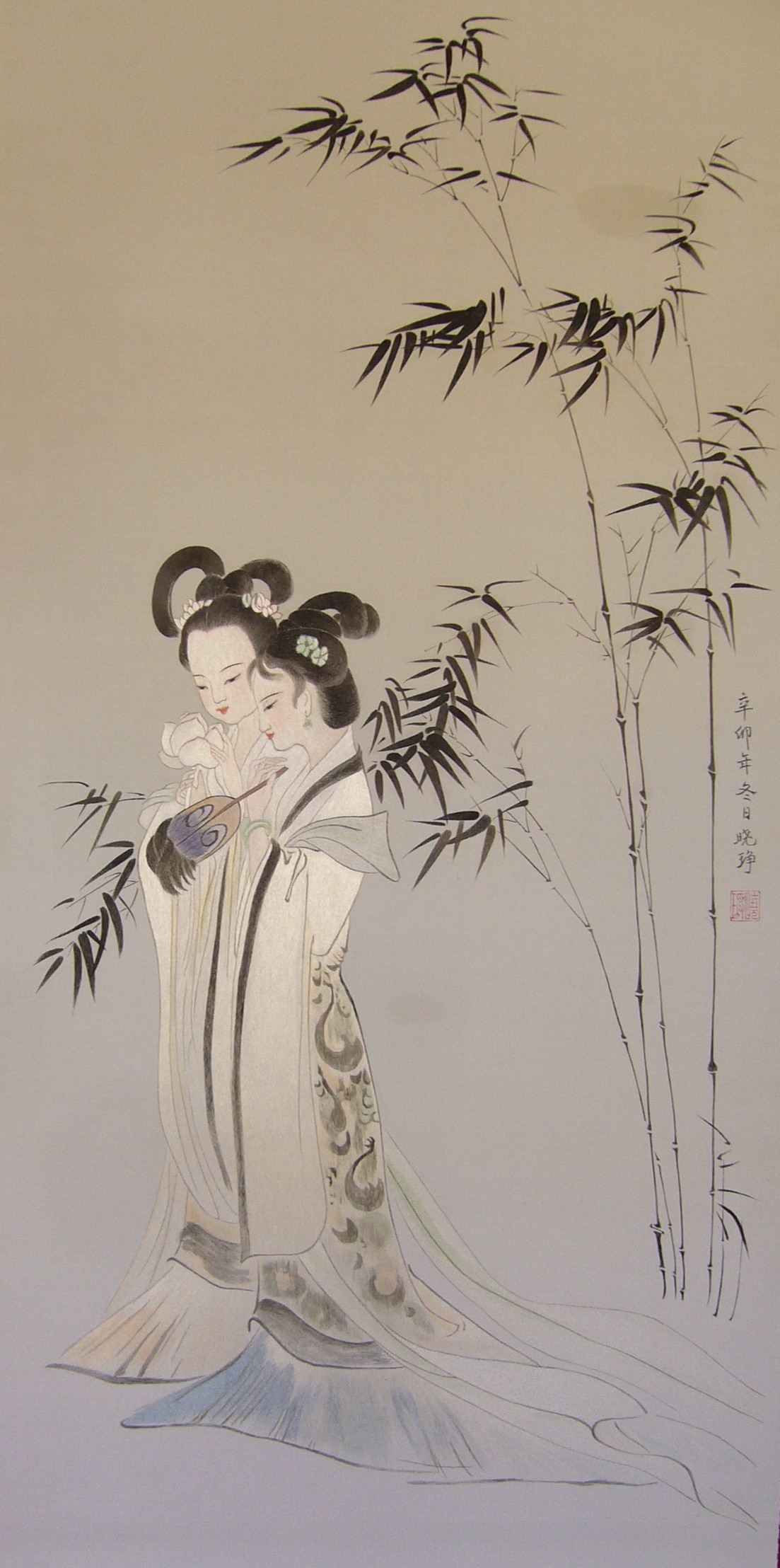 竹石与两位人物题材完整作品
